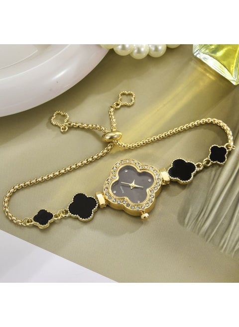 Cross-border female student watch four-leaf clover studded ins academic style temperament small dial decoration lazy pull bracelet gold black