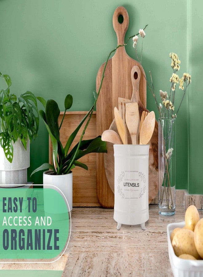 Comfify White Ceramic Utensil Holder - Vintage Style Kitchen Caddy - Shabby Chic Countertop Organizer - Rustic French Country Crock for Cooking Enthusiasts - Image 5