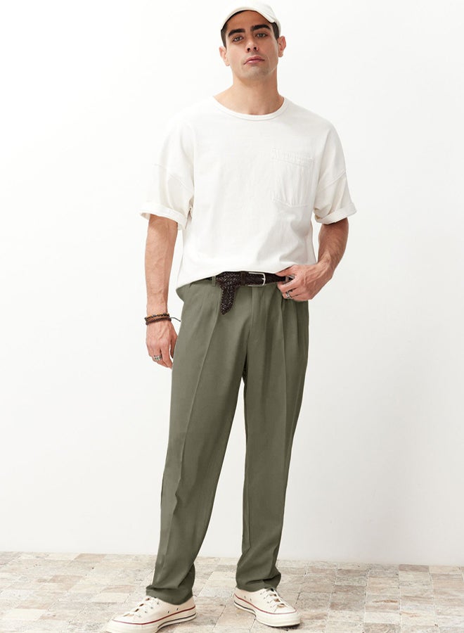 trendyol بنطلون قماش كلاسيكي فضفاض بليسيه باللون الكاكي - Image 3