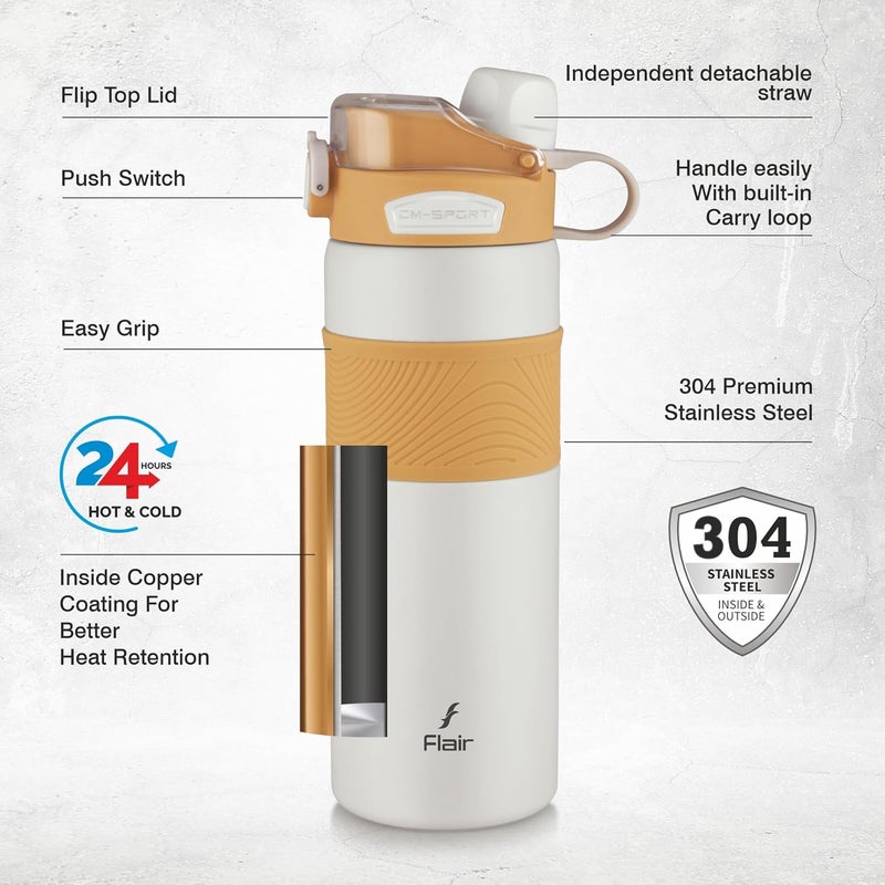 Flair FLAIR Onyx Vacuum Insulated Stainless Steel Sports Aqua Water Bottle - 800 ML, Beige Color, Thermal Bottle, Leak Proof, Drinking Bottle for Office, Home, Kitchen, Hiking, Treking - Image 4