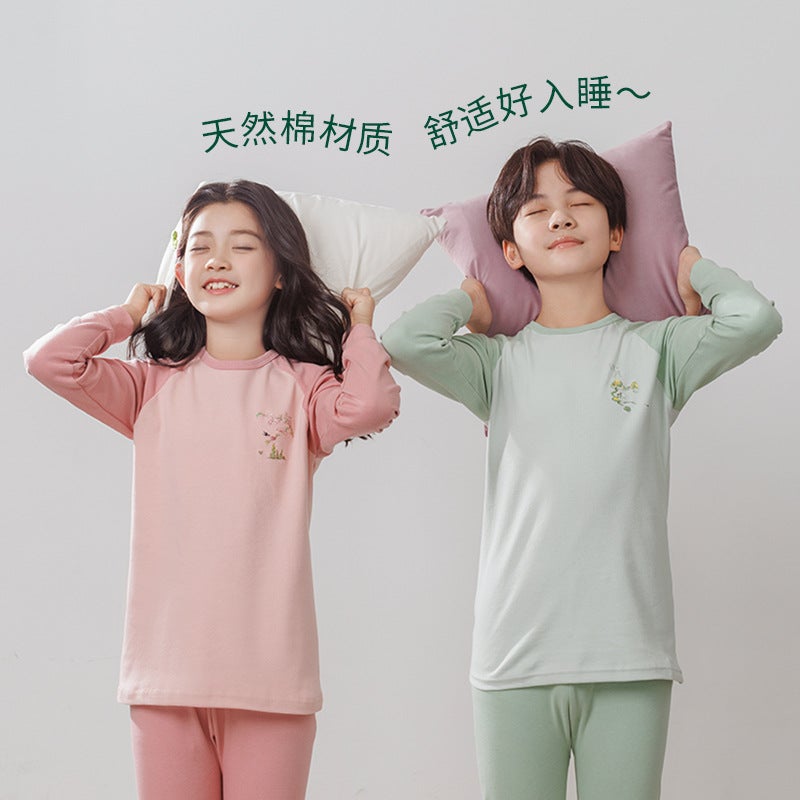 Children'S Pure Cotton Autumn Clothes And Pants Boys Cotton Sweater Girls' Round Neck Big Children'S Middle Collar Winter Youth Underwear Suit - Image 2