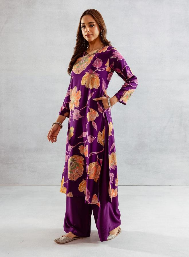 ISHIN Women's Purple Rayon Printed Tunic Upper Calf Length Palazzo Bottom Straight Fit 2 Peice Kurta Set - Image 3