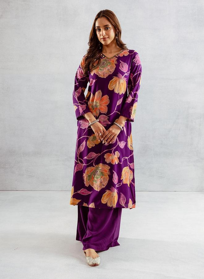 ISHIN Women's Purple Rayon Printed Tunic Upper Calf Length Palazzo Bottom Straight Fit 2 Peice Kurta Set - Image 1