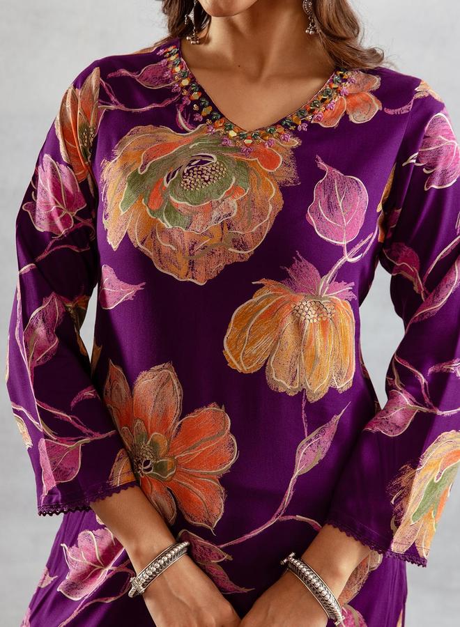 ISHIN Women's Purple Rayon Printed Tunic Upper Calf Length Palazzo Bottom Straight Fit 2 Peice Kurta Set - Image 5