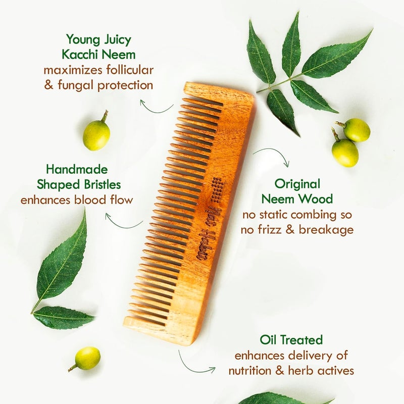 Nat Habit Nat Habit Kacchi Neem Wooden Comb Soaked In 17 Herbs Neem Sesame Oil PocketSized For Voluminous Hair Men Kids Short Hair Combo Bouse Comb Pocket Fine Dual Tooth  - Image 4