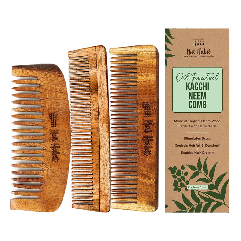 Nat Habit Nat Habit Kacchi Neem Wooden Comb Soaked In 17 Herbs Neem Sesame Oil PocketSized For Voluminous Hair Men Kids Short Hair Combo Bouse Comb Pocket Fine Dual Tooth  - Image 1