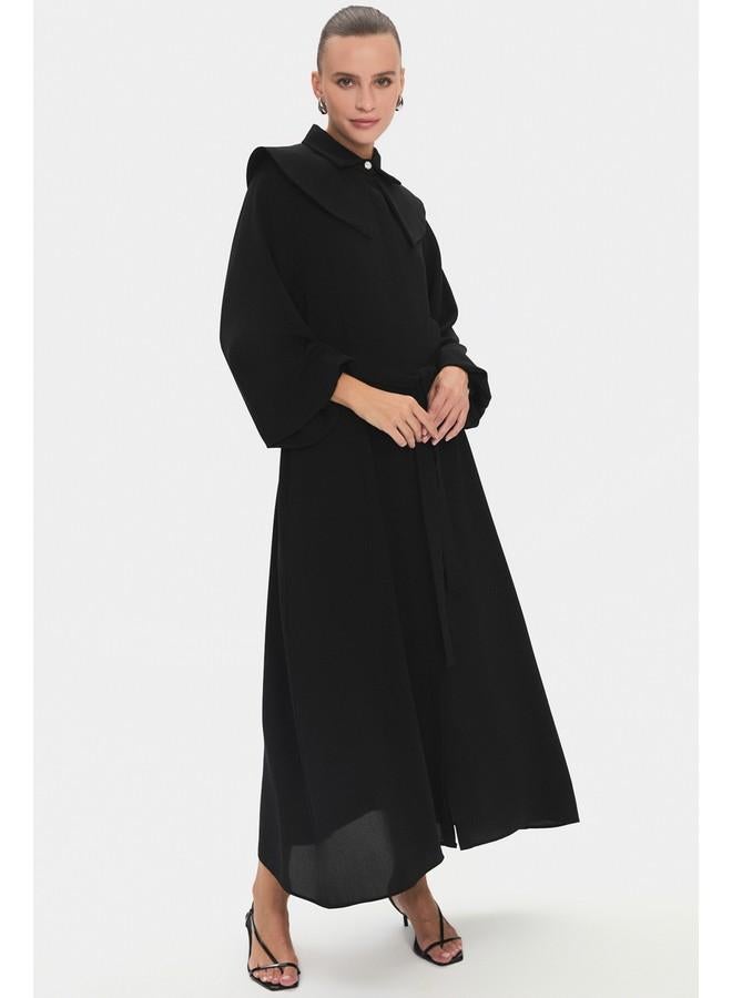 جون فستان ماكسي أسود بياقة دمية وأكمام بالون وربطة خصر مفصل - Image 1