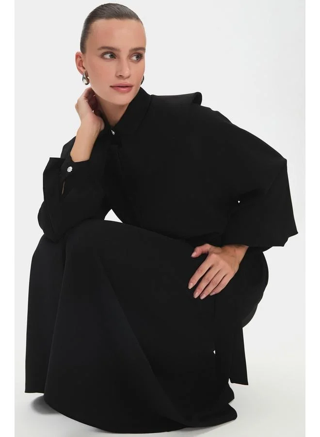 JUNE June Women Doll Collar Balloon Sleeve Waist Tie Detailed Maxi Dress Black