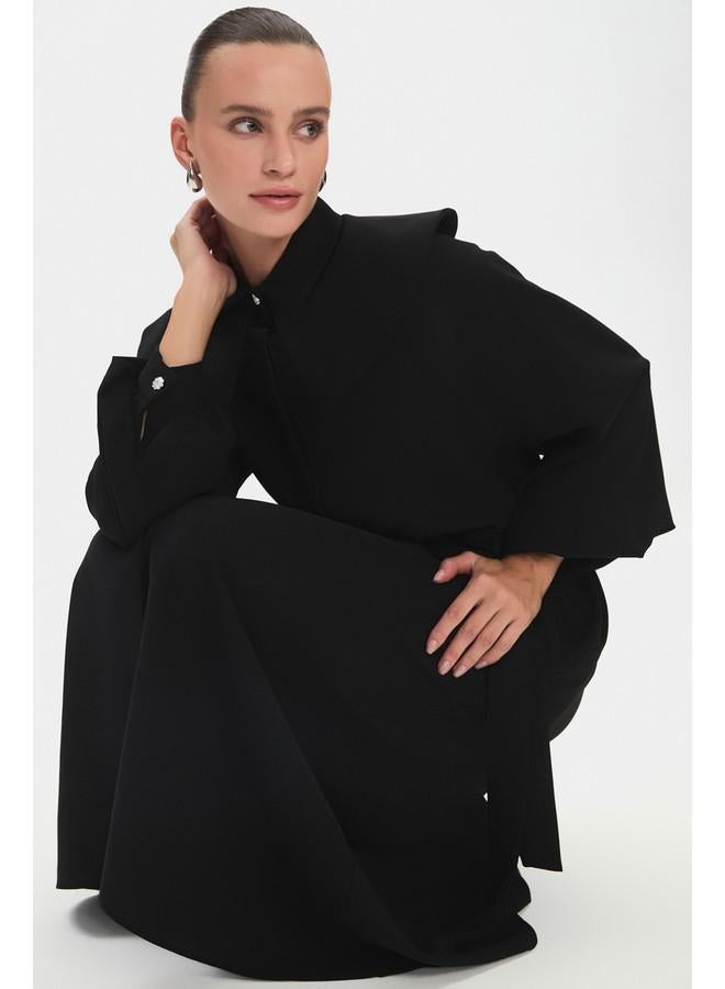 جون فستان ماكسي أسود بياقة دمية وأكمام بالون وربطة خصر مفصل - Image 4