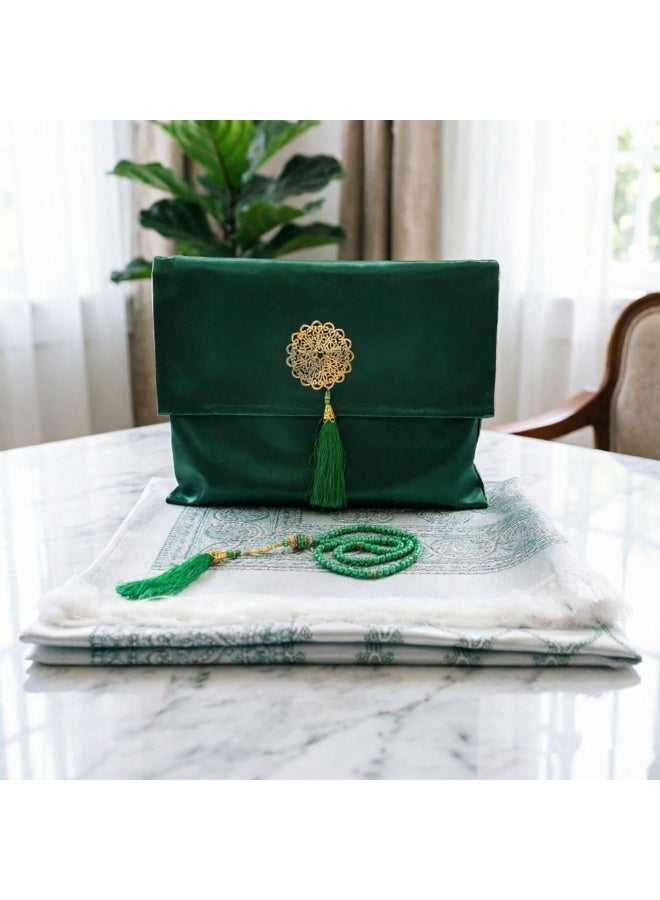 Minimalist Elastic Prayer Mat 3-Piece Gift Set with Satin Storage Bag & Prayer Beads - Image 1