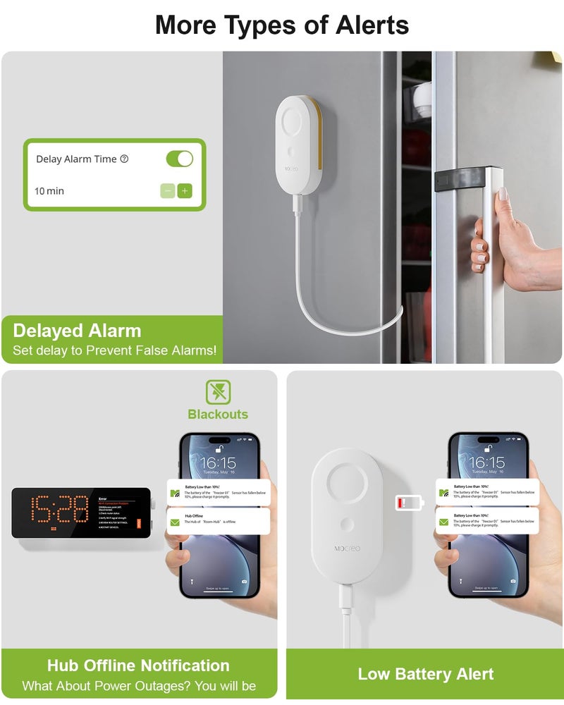 موكريو جهاز إنذار مقياس حرارة الفريزر WiFi مع مركز مراقبة رقمي، تنبيهات عبر التطبيق والبريد الإلكتروني، تصدير بيانات لمدة عامين، مستشعر درجة حرارة عن بُعد للثلاجة والفريزر (عبوة من قطعتين) - Image 5