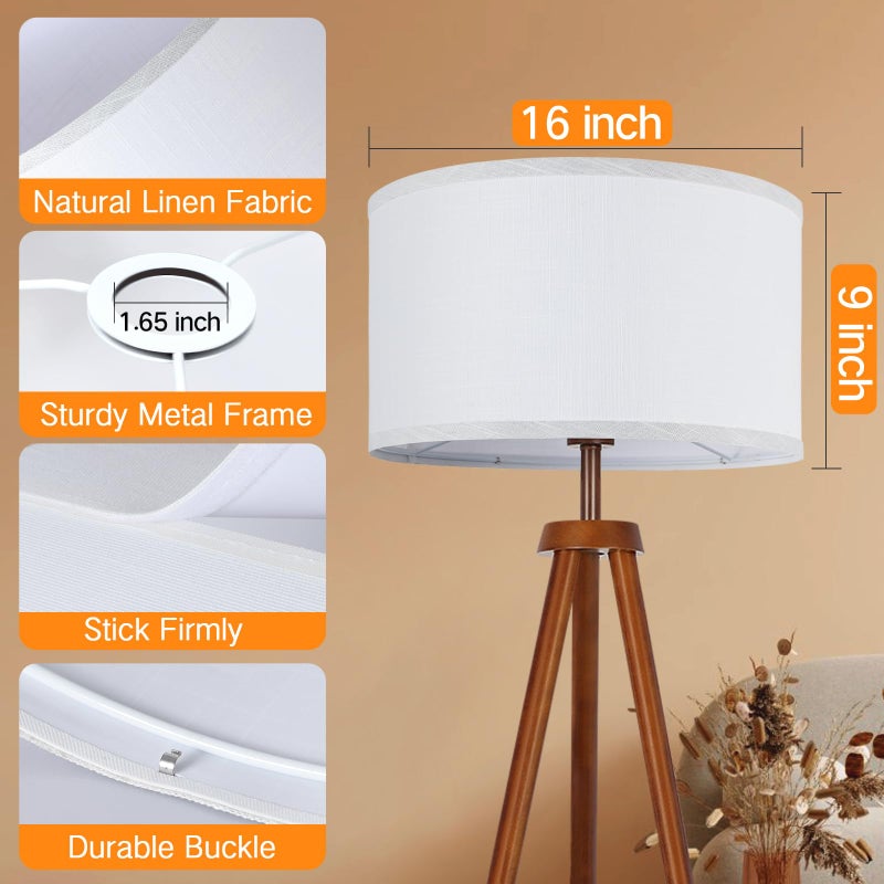 OUTON White Lamp shades Set of 2, Large Drum Lamp Shades for Floor Lamps, 16" Top x 16" Bottom x 9" High, Easy to Assemble, Replacement Linen Lampshades for Table Lamps & Bedside Lamps (1.65" Spider) - Image 3