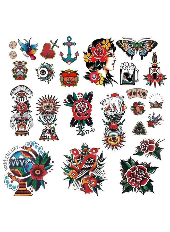 CARGEN Classic Temporary Tattoo Old School Stickers - Waterproof Vintage Flower, Rose, Swallows, Butterflies, and Swords Designs - Different Sizes for Arm - Image 1