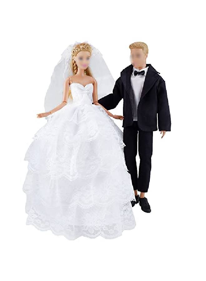 E-TING Eting Wedding Set Beautiful Gown White Bride Dress Clothes With Veil And Groom Business Suit Outfit For Boy Girl Dolls - Image 2