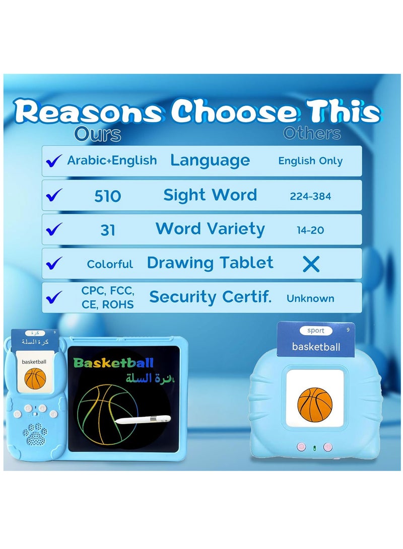 TFiOXL Talking English & Arabic Flash Cards - 8 inch LCD Writing Tablet for Kids 3-12, Bilingual 510 Sight Words, Toddler Pocket Speech, Drawing Sketch Pad (Blue) - Image 5