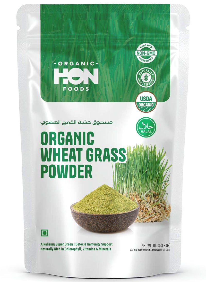 HON FOODS Organic Wheat Grass Powder, USDA Certified, Halal, Rich in Vitamins and Minerals, 100gm - Image 1