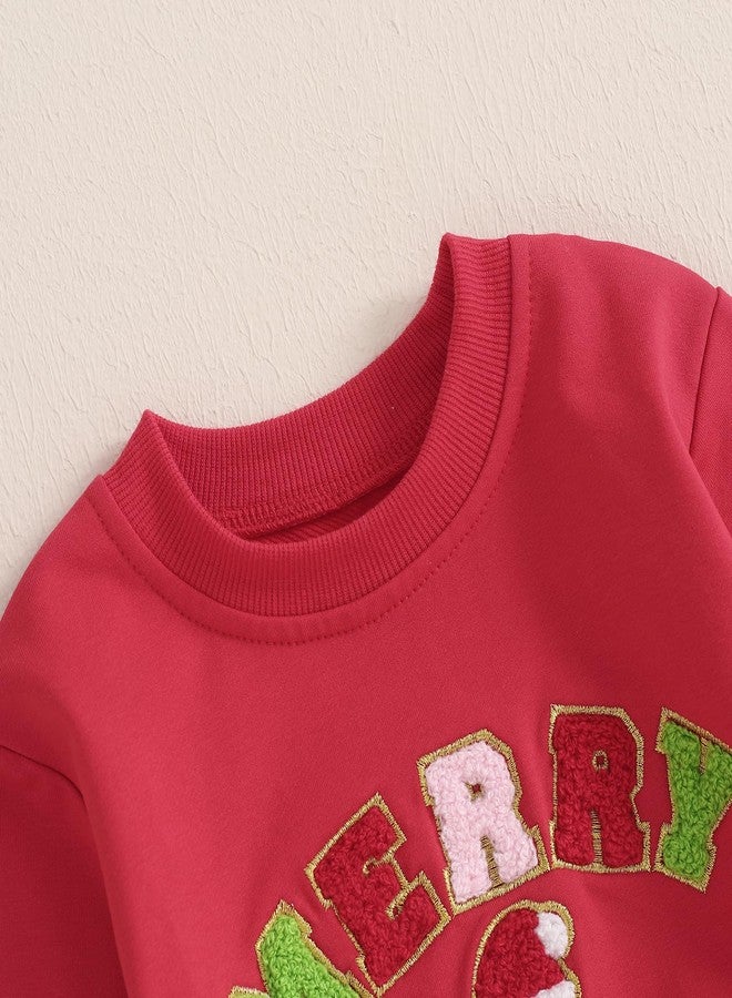 Ayalinggo Merry Christmas Toddler Clothes My First Christmas Baby Girl Outfit Embroidery Crewneck Sweatshirt Flare Pant Set (Magenta, 18-24 Months) - Image 2