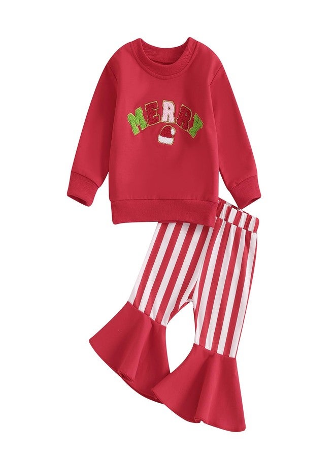 Ayalinggo Merry Christmas Toddler Clothes My First Christmas Baby Girl Outfit Embroidery Crewneck Sweatshirt Flare Pant Set (Magenta, 18-24 Months) - Image 1