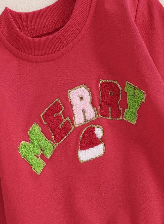 Ayalinggo Merry Christmas Toddler Clothes My First Christmas Baby Girl Outfit Embroidery Crewneck Sweatshirt Flare Pant Set (Magenta, 18-24 Months) - Image 3
