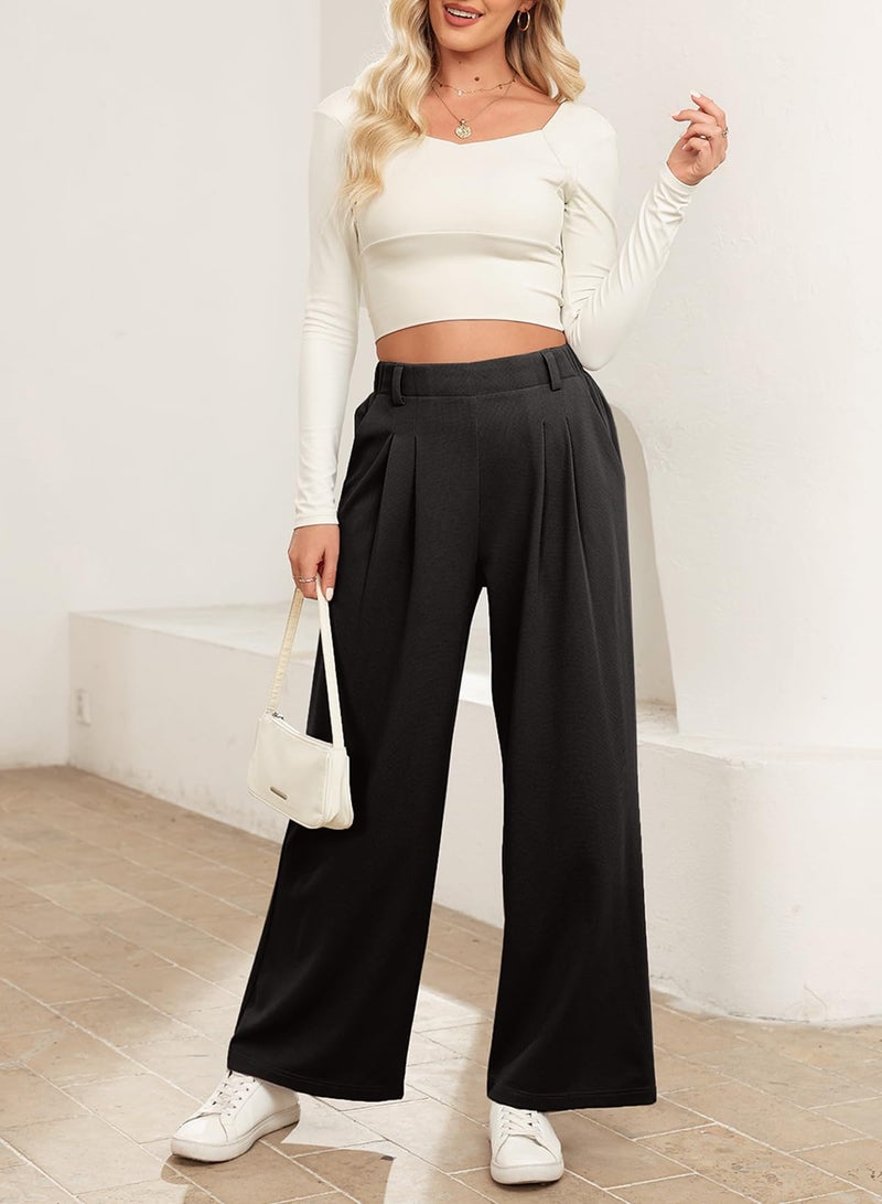 EVALESS Womens Wide Leg Pants with Pockets Trendy Fashion 2025 Spring Summer Slacks High Waisted Casual Flowy Pants for Women Black Medium - Image 5