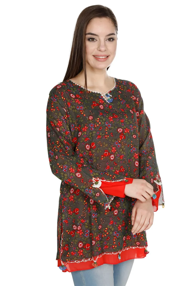 اليش شيل بيزي Long Sleeve Ceyda Voile Blouse Green 6170