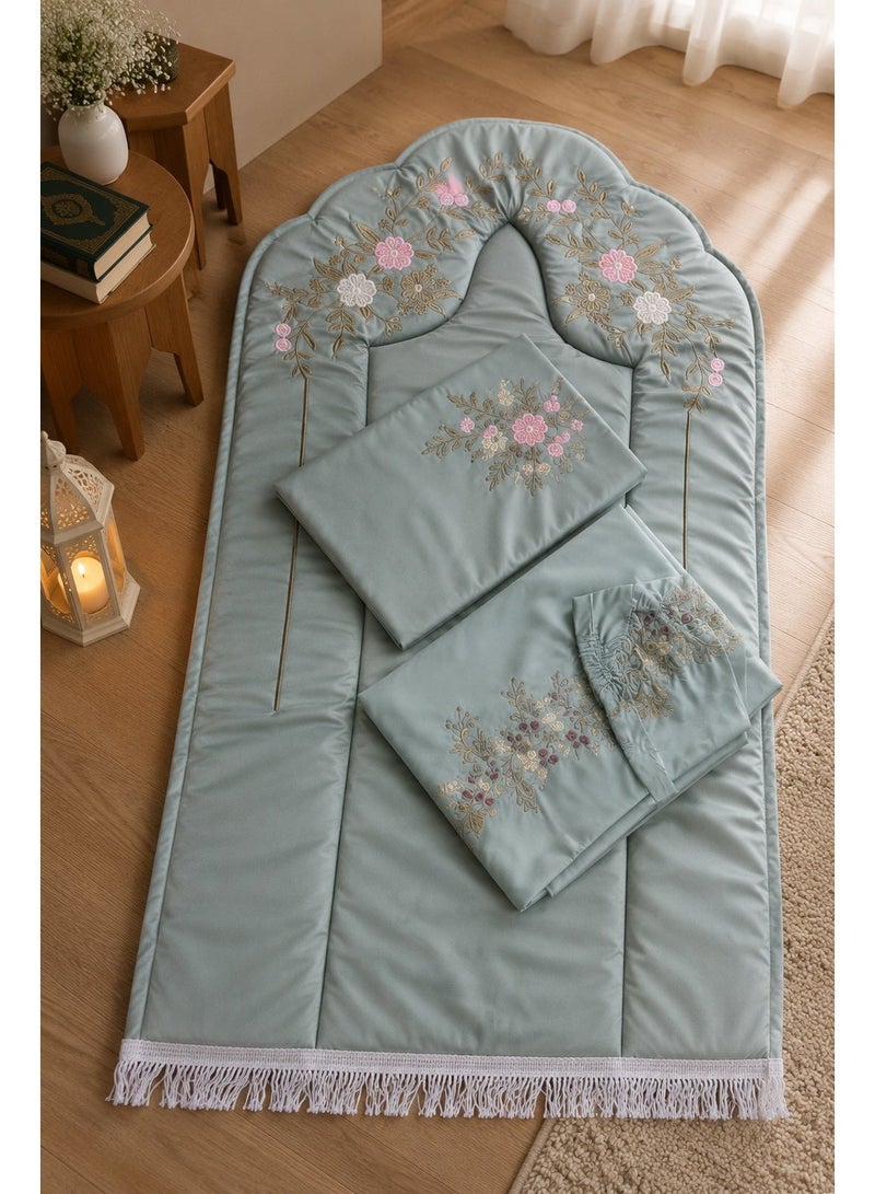 Ramadan Gifting Package Prayer Rug and Sheet with Quran Cover Set - Green