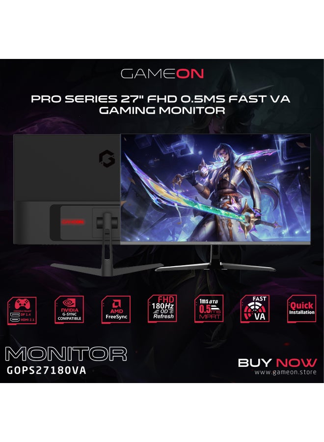 GAMEON GOPS27180VA 27 inches, FHD (1920x1080) 180Hz, 0.5 ms, HDR, HDMI 2.0 Gaming Monitor - Adaptive Sync And G-Sync Compatible Fast VA Sleek Design Black - Image 2
