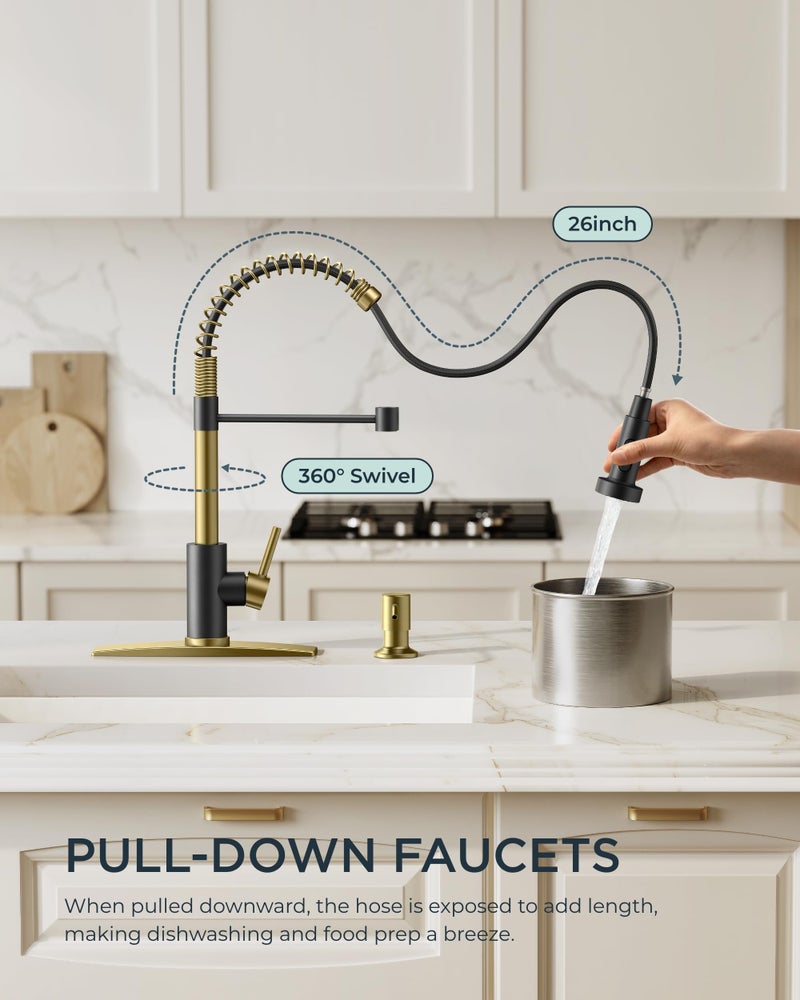 FORIOUS Kitchen Faucet with Pull Down Sprayer, Stainless Steel Commercial Single Handle Classic Spring Pull Out Sink Faucet for Pot Filler, Farmhouse Camper Bar Laundry Room, Black Gold - Image 2