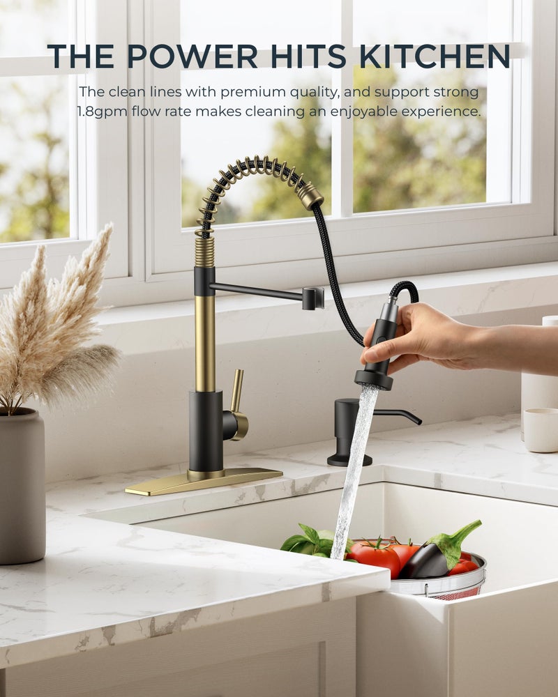 FORIOUS Kitchen Faucet with Pull Down Sprayer, Stainless Steel Commercial Single Handle Classic Spring Pull Out Sink Faucet for Pot Filler, Farmhouse Camper Bar Laundry Room, Black Gold - Image 4