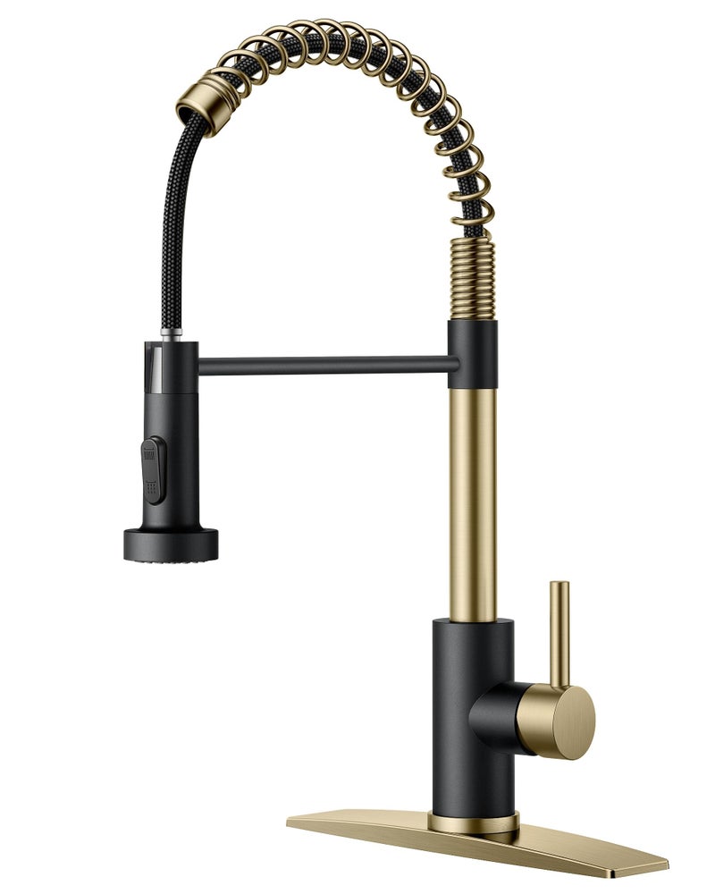 FORIOUS Kitchen Faucet with Pull Down Sprayer, Stainless Steel Commercial Single Handle Classic Spring Pull Out Sink Faucet for Pot Filler, Farmhouse Camper Bar Laundry Room, Black Gold - Image 1