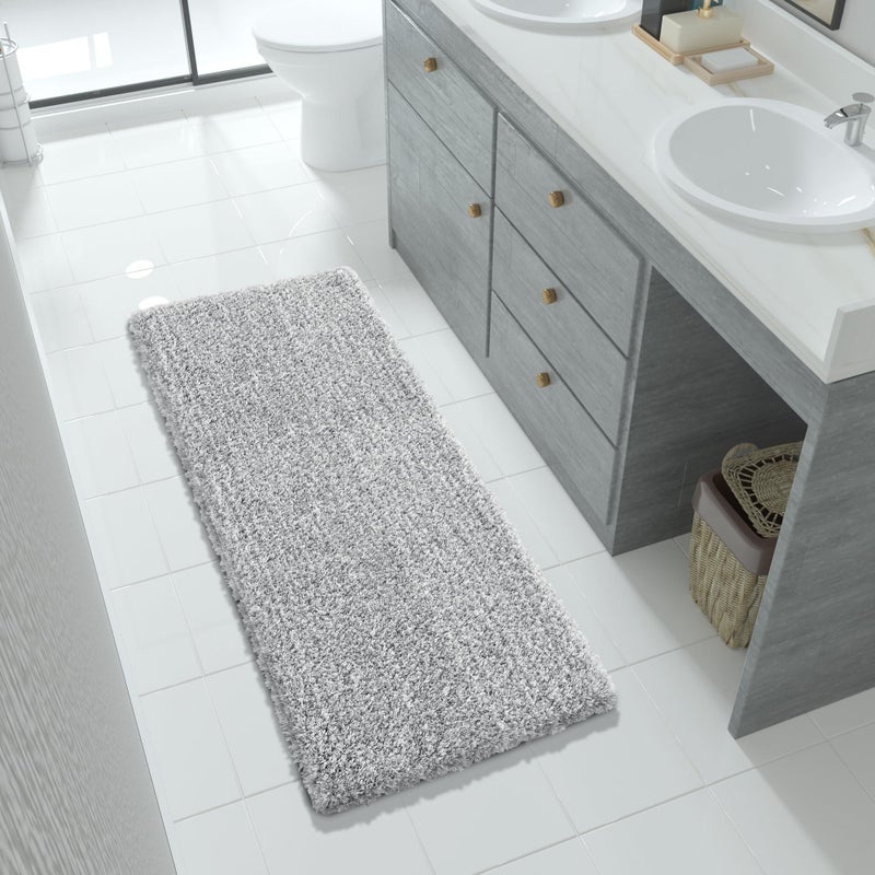 Yimobra Luxury Bathroom Rugs  Fluffy Bath Mats  Non Slip  Water Absorbent Microfiber  Machine Washable  Plush Runner Shower Rugs  Thick Matts for Bathroom Floor&Tub  56""x 24""  Light Gray and White - Image 1