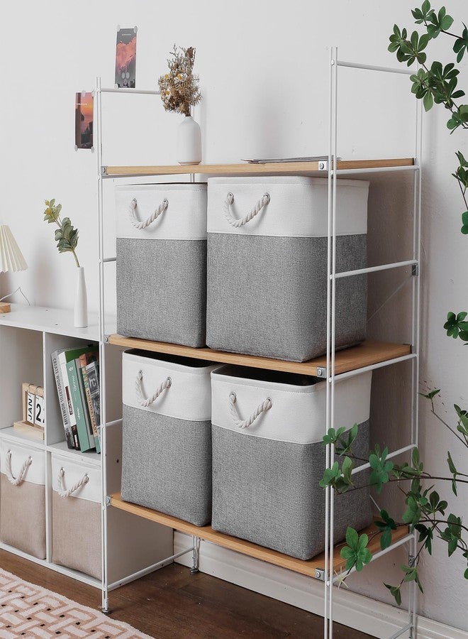MidmmVick 13 x 13 Inch Cube Storage Bins, 6 Pack Extra Large Collapsible Fabric Storage Bin with Ropes, Foldable Storage Cubes for Home (White & Grey-13"x13"x13") - Image 3