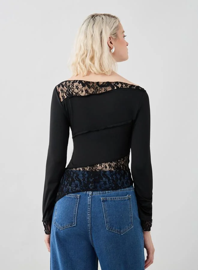 Take Two Take Two Solid Lace Detail Asymmetric Hem Top