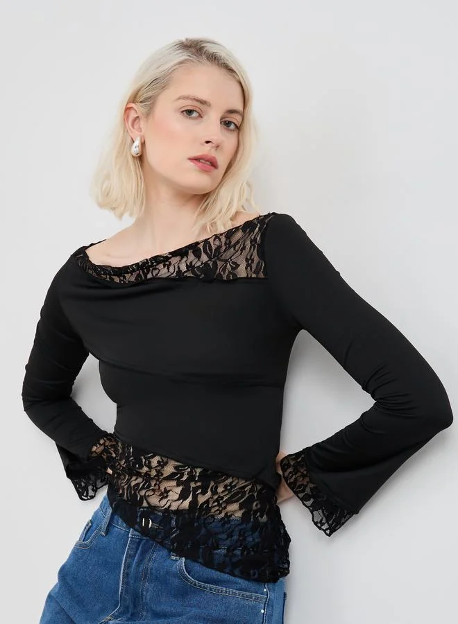 Take Two Take Two Solid Lace Detail Asymmetric Hem Top