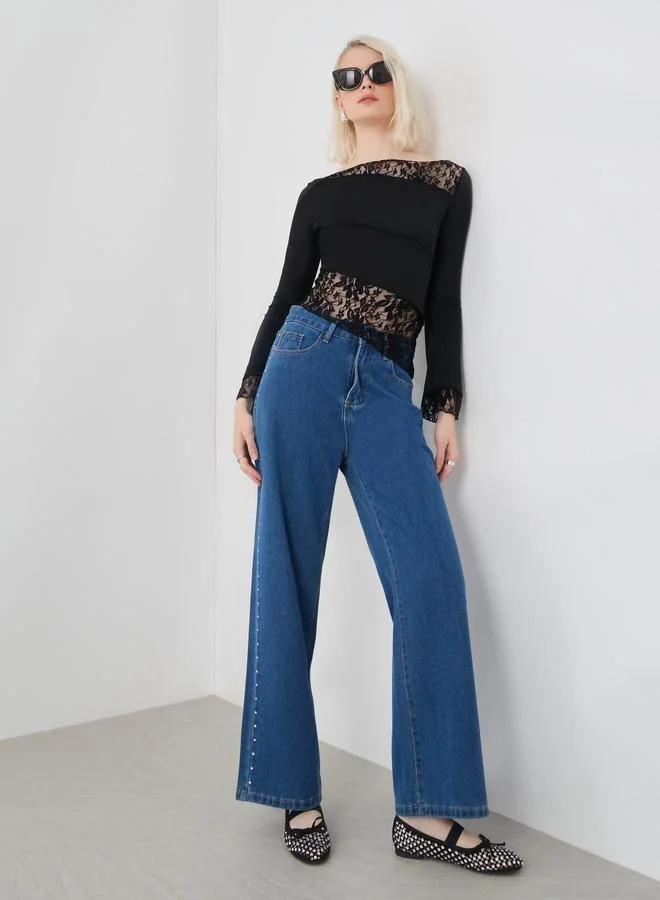 Take Two Take Two Solid Lace Detail Asymmetric Hem Top