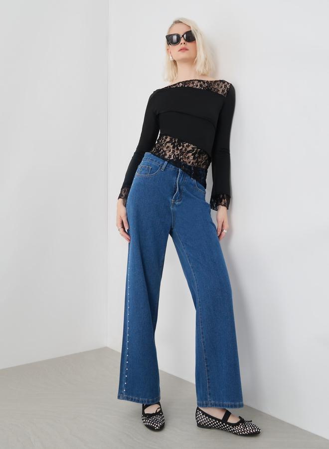 Take Two Solid Lace Detail Asymmetric Hem Top - Image 2