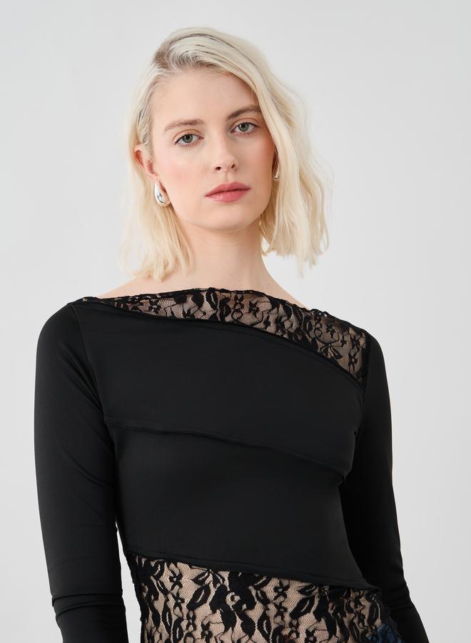Take Two Solid Lace Detail Asymmetric Hem Top - Image 1