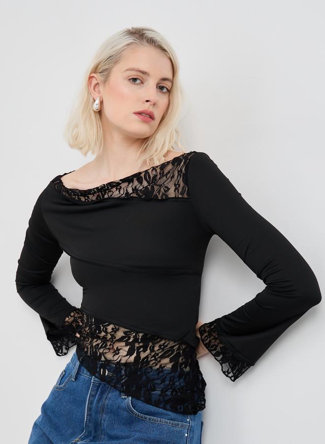 Take Two Solid Lace Detail Asymmetric Hem Top - Image 4