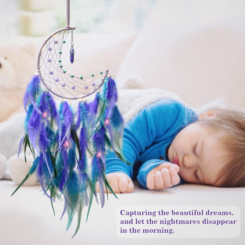 Dremisland Moon Dream Catcher with Fairy Lights-Handmade Feather Lucky Turquoise Pendant Beads Wall Hanging Ornament for Kids Bedroom Home Decoration Art Craft Gift. (Blue&Purple) - Image 5