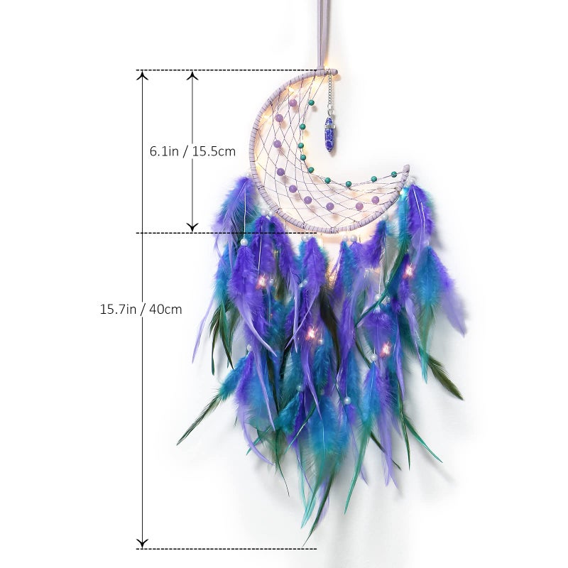 Dremisland Moon Dream Catcher with Fairy Lights-Handmade Feather Lucky Turquoise Pendant Beads Wall Hanging Ornament for Kids Bedroom Home Decoration Art Craft Gift. (Blue&Purple) - Image 4