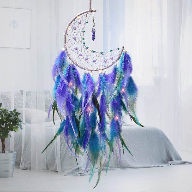 Dremisland Moon Dream Catcher with Fairy Lights-Handmade Feather Lucky Turquoise Pendant Beads Wall Hanging Ornament for Kids Bedroom Home Decoration Art Craft Gift. (Blue&Purple) - Image 2