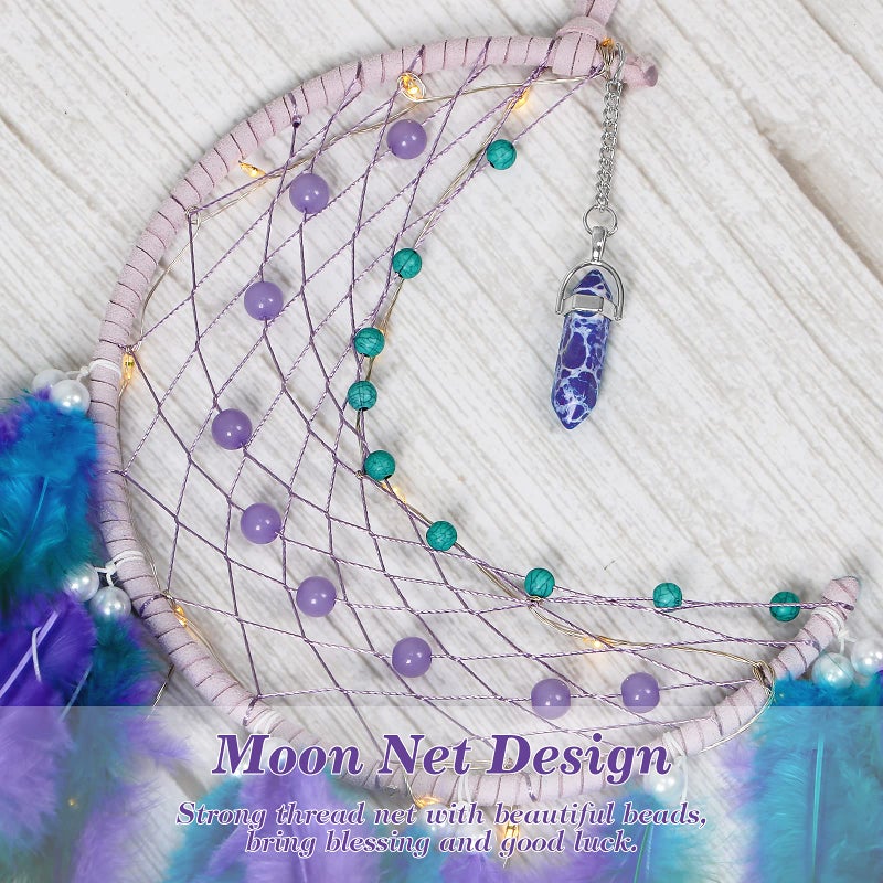 Dremisland Moon Dream Catcher with Fairy Lights-Handmade Feather Lucky Turquoise Pendant Beads Wall Hanging Ornament for Kids Bedroom Home Decoration Art Craft Gift. (Blue&Purple) - Image 3