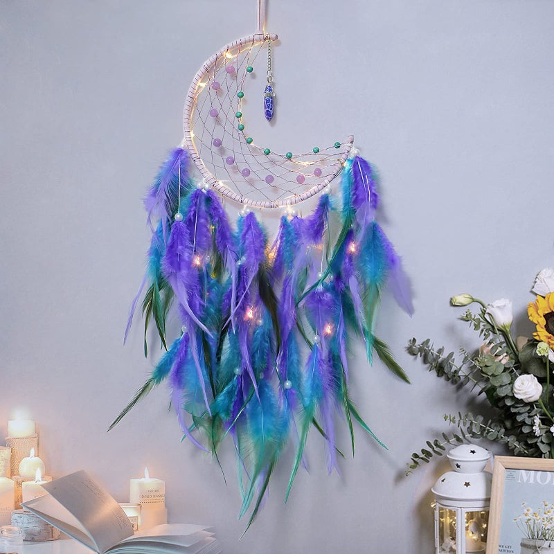 Dremisland Moon Dream Catcher with Fairy Lights-Handmade Feather Lucky Turquoise Pendant Beads Wall Hanging Ornament for Kids Bedroom Home Decoration Art Craft Gift. (Blue&Purple) - Image 1