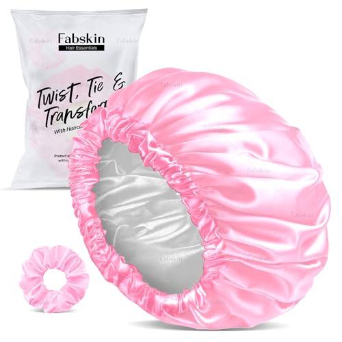 FABSKIN Luxury Satin Silk Hair Bonnet Cap for Sleeping with Satin Scrunchie | For Women & Girls | For Curly & All Hair Types (PINK) - Image 1