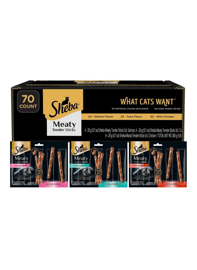 Sheba Sheba Meaty Tender Sticks Soft Cat Treats with Chicken, Tuna Flavor, and Salmon Flavor, 0.14 oz., 70 Count  - Image 1