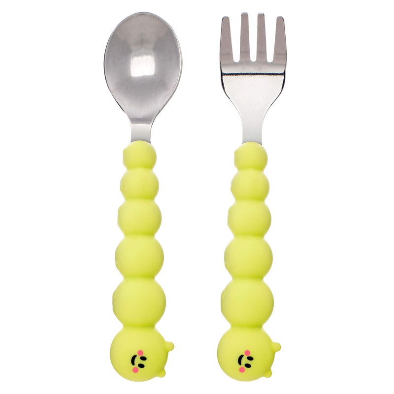 melii melii Caterpillar Spoon and Fork Utensil Set for Toddlers BPAFree Silicone and Stainless Steel Kids Utensils Ergonomic EasyGrip Design for Fun Safe Eating for Children 