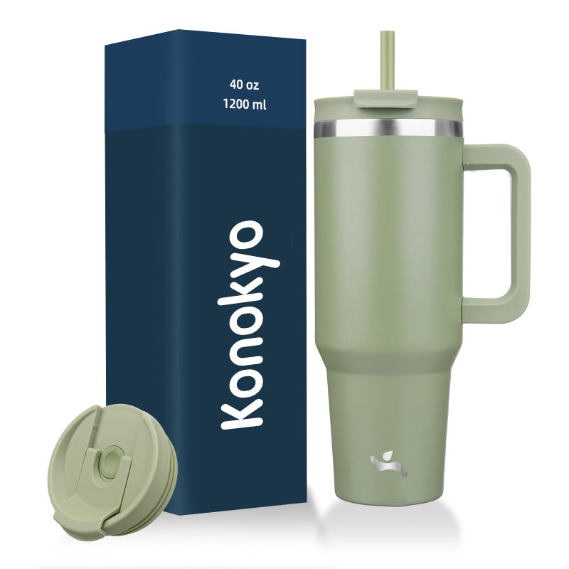 Konokyo 40 oz Tumbler with Handle and 2 Straws2 in 1 Lid Insulated Water Bottle Stainless Steel Travel Coffee MugArmy Green