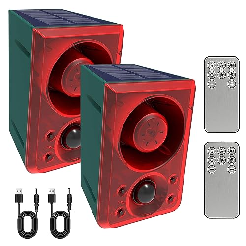 ChunHee Solar Outdoor Motion Sensor Alarm with Dog Barking Gunshot Sound, Support Recording and Adjustable Volume, 130db Loud Noise Maker 3 Work Modes Strobe Light for Home, Villa, Farm, Barn (2pack) - Image 1
