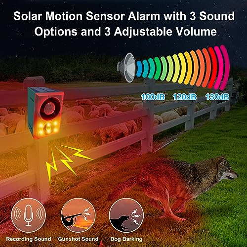 ChunHee Solar Outdoor Motion Sensor Alarm with Dog Barking Gunshot Sound, Support Recording and Adjustable Volume, 130db Loud Noise Maker 3 Work Modes Strobe Light for Home, Villa, Farm, Barn (2pack) - Image 2
