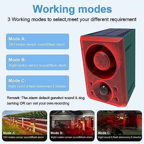 ChunHee Solar Outdoor Motion Sensor Alarm with Dog Barking Gunshot Sound, Support Recording and Adjustable Volume, 130db Loud Noise Maker 3 Work Modes Strobe Light for Home, Villa, Farm, Barn (2pack) - Image 5